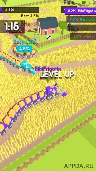 Геймплей Farmers.io на Андроид — маленький комбайн начинает собирать урожай на ферме